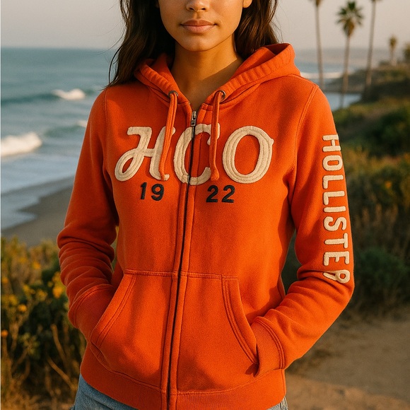 Hollister Tops - Y2K Hollister HCO Full-Zip Hoodie Orange Chenille Logo Size L